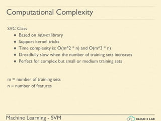 Machine Learning - SVM
Computational Complexity
m = number of training sets
n = number of features
SVC Class
● Based on libsvm library
● Support kernel tricks
● Time complexity is: O(m^2 * n) and O(m^3 * n)
● Dreadfully slow when the number of training sets increases
● Perfect for complex but small or medium training sets
 