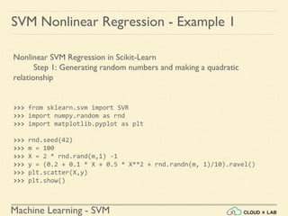 Machine Learning - SVM
Nonlinear SVM Regression in Scikit-Learn
Step 1: Generating random numbers and making a quadratic
relationship
>>> from sklearn.svm import SVR
>>> import numpy.random as rnd
>>> import matplotlib.pyplot as plt
>>> rnd.seed(42)
>>> m = 100
>>> X = 2 * rnd.rand(m,1) -1
>>> y = (0.2 + 0.1 * X + 0.5 * X**2 + rnd.randn(m, 1)/10).ravel()
>>> plt.scatter(X,y)
>>> plt.show()
SVM Nonlinear Regression - Example 1
 
