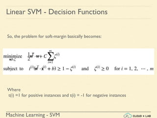 Machine Learning - SVM
Linear SVM - Decision Functions
So, the problem for soft-margin basically becomes:
Where
t(i) =1 for positive instances and t(i) = -1 for negative instances
 