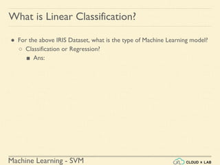 Machine Learning - SVM
What is Linear Classification?
● For the above IRIS Dataset, what is the type of Machine Learning model?
○ Classification or Regression?
■ Ans:
 