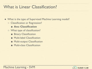 Machine Learning - SVM
What is Linear Classification?
● What is the type of Supervised Machine Learning model?
○ Classification or Regression?
■ Ans: Classification
○ What type of classification?
■ Binary Classification
■ Multi-label Classification
■ Multi-output Classification
■ Multi-class Classification
 