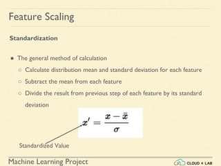 Machine Learning Project
Feature Scaling
Standardization
● The general method of calculation
○ Calculate distribution mean and standard deviation for each feature
○ Subtract the mean from each feature
○ Divide the result from previous step of each feature by its standard
deviation
Standardized Value
 