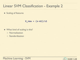 Machine Learning - SVM
Linear SVM Classification - Example 2
● Scaling of features
X_new = (x-m1)/s1
● What kind of scaling is this?
○ Normalization
○ Standardization
 