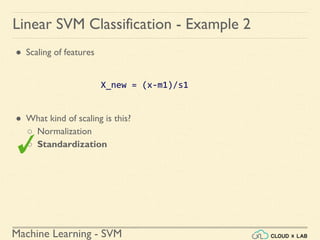 Machine Learning - SVM
Linear SVM Classification - Example 2
● Scaling of features
X_new = (x-m1)/s1
● What kind of scaling is this?
○ Normalization
○ Standardization
 