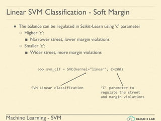 Machine Learning - SVM
Linear SVM Classification - Soft Margin
● The balance can be regulated in Scikit-Learn using ‘c’ parameter
○ Higher ‘c’:
■ Narrower street, lower margin violations
○ Smaller ‘c’:
■ Wider street, more margin violations
>>> svm_clf = SVC(kernel="linear", C=100)
SVM Linear classification ‘C’ parameter to
regulate the street
and margin violations
 