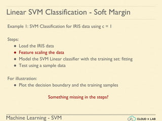 Machine Learning - SVM
Linear SVM Classification - Soft Margin
Example 1: SVM Classification for IRIS data using c = 1
Steps:
● Load the IRIS data
● Feature scaling the data
● Model the SVM Linear classifier with the training set: fitting
● Test using a sample data
For illustration:
● Plot the decision boundary and the training samples
Something missing in the steps?
 