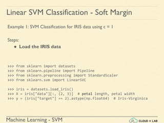 Machine Learning - SVM
Linear SVM Classification - Soft Margin
Example 1: SVM Classification for IRIS data using c = 1
Steps:
● Load the IRIS data
>>> from sklearn import datasets
>>> from sklearn.pipeline import Pipeline
>>> from sklearn.preprocessing import StandardScaler
>>> from sklearn.svm import LinearSVC
>>> iris = datasets.load_iris()
>>> X = iris["data"][:, (2, 3)] # petal length, petal width
>>> y = (iris["target"] == 2).astype(np.float64) # Iris-Virginica
 