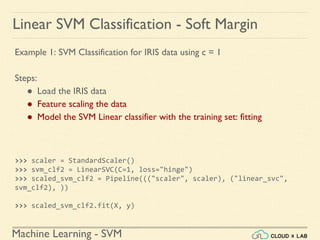 Machine Learning - SVM
Linear SVM Classification - Soft Margin
Example 1: SVM Classification for IRIS data using c = 1
Steps:
● Load the IRIS data
● Feature scaling the data
● Model the SVM Linear classifier with the training set: fitting
>>> scaler = StandardScaler()
>>> svm_clf2 = LinearSVC(C=1, loss="hinge")
>>> scaled_svm_clf2 = Pipeline((("scaler", scaler), ("linear_svc",
svm_clf2), ))
>>> scaled_svm_clf2.fit(X, y)
 