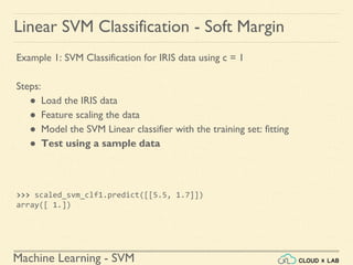Machine Learning - SVM
Linear SVM Classification - Soft Margin
Example 1: SVM Classification for IRIS data using c = 1
Steps:
● Load the IRIS data
● Feature scaling the data
● Model the SVM Linear classifier with the training set: fitting
● Test using a sample data
>>> scaled_svm_clf1.predict([[5.5, 1.7]])
array([ 1.])
 