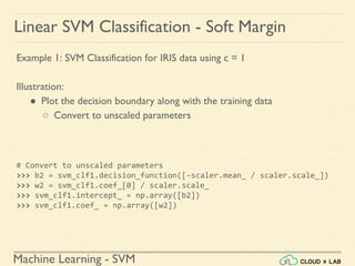 Machine Learning - SVM
Linear SVM Classification - Soft Margin
Example 1: SVM Classification for IRIS data using c = 1
Illustration:
● Plot the decision boundary along with the training data
○ Convert to unscaled parameters
# Convert to unscaled parameters
>>> b2 = svm_clf1.decision_function([-scaler.mean_ / scaler.scale_])
>>> w2 = svm_clf1.coef_[0] / scaler.scale_
>>> svm_clf1.intercept_ = np.array([b2])
>>> svm_clf1.coef_ = np.array([w2])
 