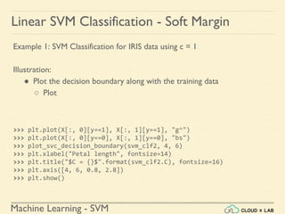 Machine Learning - SVM
Linear SVM Classification - Soft Margin
Example 1: SVM Classification for IRIS data using c = 1
Illustration:
● Plot the decision boundary along with the training data
○ Plot
>>> plt.plot(X[:, 0][y==1], X[:, 1][y==1], "g^")
>>> plt.plot(X[:, 0][y==0], X[:, 1][y==0], "bs")
>>> plot_svc_decision_boundary(svm_clf2, 4, 6)
>>> plt.xlabel("Petal length", fontsize=14)
>>> plt.title("$C = {}$".format(svm_clf2.C), fontsize=16)
>>> plt.axis([4, 6, 0.8, 2.8])
>>> plt.show()
 