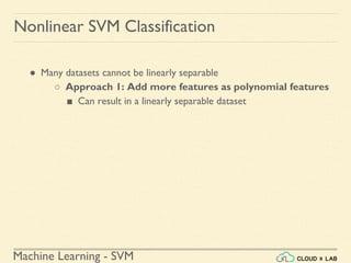 Machine Learning - SVM
Nonlinear SVM Classification
● Many datasets cannot be linearly separable
○ Approach 1: Add more features as polynomial features
■ Can result in a linearly separable dataset
 