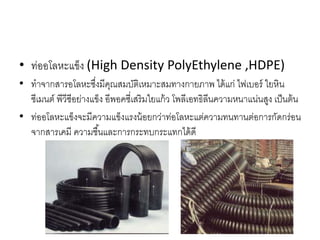 • ท่ออโลหะแข็ง (High Density PolyEthylene ,HDPE)
• ทาจากสารอโลหะซึ่งมีคุณสมบัติเหมาะสมทางกายภาพ ได้แก่ ไฟเบอร์ ใยหิน
ซีเมนต์ พีวีซีอย่างแข็ง อีพอคซี่เสริมใยแก้ว โพลีเอทธิลีนความหนาแน่นสูง เป็นต้น
• ท่ออโลหะแข็งจะมีความแข็งแรงน้อยกว่าท่อโลหะแต่ความทนทานต่อการกัดกร่อน
จากสารเคมี ความชื้นและการกระทบกระแทกได้ดี
 