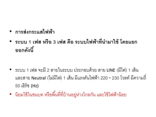 • การส่งกระแสไฟฟ้า
• ระบบ 1 เฟส หรือ 3 เฟส คือ ระบบไฟฟ้าที่นามาใช้ โดยแยก
ออกดังนี้
• ระบบ 1 เฟส จะมี 2 สายในระบบ ประกอบด้วย สาย LINE (มีไฟ) 1 เส้น
และสาย Neutral (ไม่มีไฟ) 1 เส้น มีแรงดันไฟฟ้า 220 - 230 โวลท์ มีความถี่
50 เฮิร์ซ (Hz)
• นิยมใช้ในชนบท หรือพื้นที่ที่บ้านอยู่ห่างไกลกัน และใช้ไฟฟ้าน้อย
 