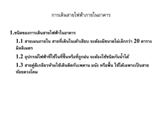 การเดินสายไฟฟ้าภายในอาคาร
1.ชนิดของการเดินสายไฟฟ้าในอาคาร
1.1 สายเมนภายใน สายที่เดินในเต้าเสียบ จะต้องมีขนาดไม่เล็กกว่า 20 ตาราง
มิลลิเมตร
1.2 อุปกรณ์ไฟฟ้าที่ใช้ในที่ชื้ นหรือที่ถูกฝน จะต้องใช้ชนิดกันน้าได้
1.3 สายคู่ตีเกลียวห้ามใช้เดินติดกับเพดาน ผนัง หรือพื้น ใช้ได้เฉพาะเป็นสาย
ห้อยดวงโคม
 
