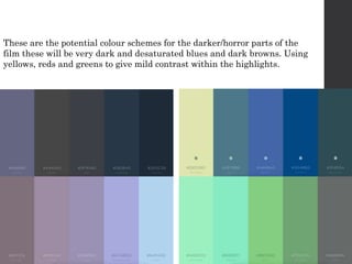 These are the potential colour schemes for the darker/horror parts of the
film these will be very dark and desaturated blues and dark browns. Using
yellows, reds and greens to give mild contrast within the highlights.
 
