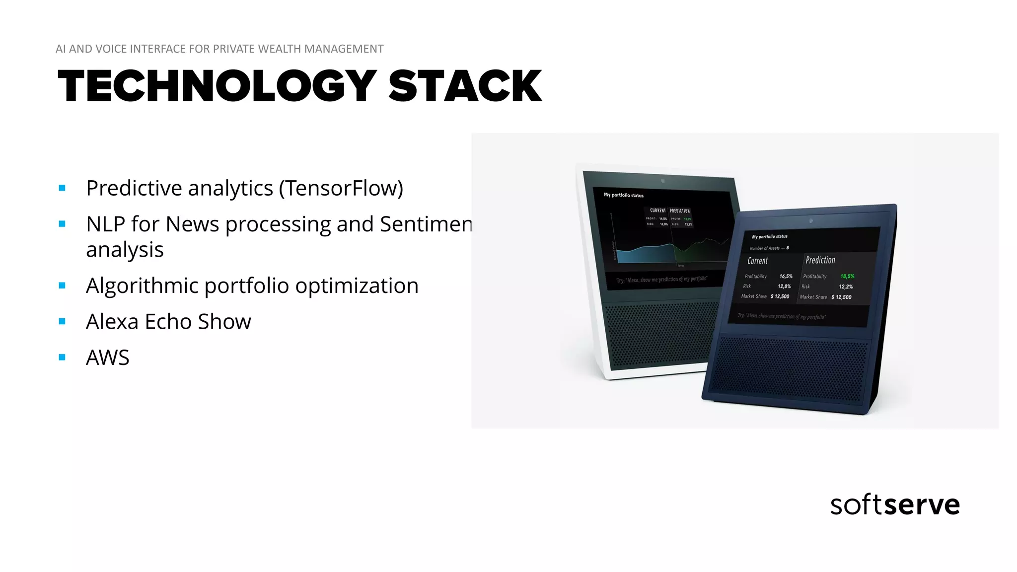 TECHNOLOGY STACK
 Predictive analytics (TensorFlow)
 NLP for News processing and Sentiment
analysis
 Algorithmic portfolio optimization
 Alexa Echo Show
 AWS
 