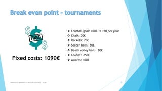 FRANCESCO MARMIROLI & NICOLA GUTIERREZ – 4^AM 9
 Football goal: 450€  150 per year
 Chalk: 30€
 Rackets: 70€
 Soccer balls: 60€
 Beach volley balls: 80€
 Leaflet: 250€
 Awards: 450€Fixed costs: 1090€
 