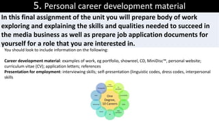 5. Personal career development material
In this final assignment of the unit you will prepare body of work
exploring and explaining the skills and qualities needed to succeed in
the media business as well as prepare job application documents for
yourself for a role that you are interested in.
You should look to include information on the following:
Career development material: examples of work, eg portfolio, showreel, CD, MiniDisc™, personal website;
curriculum vitae (CV); application letters; references
Presentation for employment: interviewing skills; self-presentation (linguistic codes, dress codes, interpersonal
skills
 