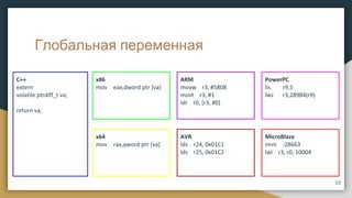 Глобальная переменная
C++
extern
volatile ptrdiff_t va;
return va;
x86
mov eax,dword ptr [va]
x64
mov rax,qword ptr [va]
ARM
movw r3, #5808
movt r3, #1
ldr r0, [r3, #0]
AVR
lds r24, 0x01C1
lds r25, 0x01C2
PowerPC
lis r9,5
lwz r3,28984(r9)
MicroBlaze
imm -28663
lwi r3, r0, 10004
10
 