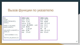 Вызов функции по указателю
C++
typedef
ptrdiff_t(*fptr)(ptrdiff_t,
ptrdiff_t);
ptrdiff_t x_call_ptr(fptr,
ptrdiff_t, ptrdiff_t);
static ptrdiff_t sum(ptrdiff_t a,
ptrdiff_t b)
{
return sizeof(fptr) + a + b;
}
return 6+x_call_ptr(sum,1,-2);
67
ARM / caller
push {r3, lr}
movs r1, #1
mvn.w r2, #1
movw r0, #38401 ; sum
movt r0, #0
bl x_call_ptr
adds r0, #6
pop {r3, pc}
ARM / callee
push {r4, lr}
mov r3, r0
adds r4, r1, r2
mov r0, r1
mov r1, r2
blx r3
adds r0, r4, r0
pop {r4, pc}
 