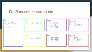 Глобальная переменная
C++
extern ptrdiff_t a;
return a;
x86
mov eax,dword ptr [a]
x64
mov rax,qword ptr [a]
ARM
movw r3, #5804
movt r3, #1
ldr r0, [r3, #0]
AVR
lds r24, 0x01C3
lds r25, 0x01C4
PowerPC
lis r9,5
lwz r3,28980(r9)
MicroBlaze
imm -28663
lwi r3, r0, 10008
8
 