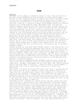 Jack Garner
Script
Story 1
Hey guys, if the company I worked for found out that I was writing this I
would be canned immediately so the who/where is intentionally vague.
My name is T and I deliver pizzas is a small rural town in northern Canada.
I'm writing this immediately after getting off shift and i'm scared
shitless just recollecting it so bear with my garbage writing. The rural
town that I deliver in consists of about 25,000 people spread out along the
foothills of a large mountain range. Many people that live here are
farmers, loggers, and crap like that. We have a small college here too so
there are a few students from out of town living here as well. Unlike most
delivery companies, the one that I work for allows people outside of the
city limits to order pizza up to about 50km away from our location. Our
company is like this because many of the towns residents actually live out
of city limits in the foothills where their farms are. Obviously, this
causes me and other drivers to be gone for long periods of time on
deliveries. During the long deliveries we aren't expected back for a
minimum of an hour before my boss starts calling. To top it off, we are
open until 5 am every night. This combination of variables has caused me to
witness and be a part of some really messed up and creepy shit during my
several years working here. I haven't told anyone much of it; but after
tonight I need to get this off of my chest. I'm positive that I was almost
murdered tonight.
Tonight started out like most other Tuesday nights: I was making next to no
tips and getting increasingly depressed about how my life as a driver was
panning out. I had already taken several deliveries out to the boonies and
most of the people didn't even toss a dollar my way. When the in-store
delivery computer chimed that I had a delivery, I dreaded that it would be
out to the boonies. Lo and behold, this delivery was to a house that hadn't
ordered before exactly 50KM from our hub location. Feeling pretty pissed, I
looked at the special delivery instructions portion of the delivery slip
and felt a little bit better:
"BIG TIP AS LONG AS INSTRUCTIONS ARE FOLLOWED: Take the pizza inside the
house to the upstairs bedroom, door will be unlocked." Instructions like
these aren't uncommon, some people can be really damn lazy. Feeling excited
that my tips were about to pick up, I raced out there at record speeds. I
didn't even stop to get a coffee like I usually do on those long
deliveries.
After about 25 minutes of driving down mostly dirt road, I reached what my
GPS told me was the correct address. I hadn't seen another house for at
least the last 5 km which again, wasn't that uncommon out in the boonies.
Pulling up the driveway, I realized that this house wall all kinds of
messed up. From the road it looked okay, but close up I could tell that no
one had lived here in a long ass time. The house was two stories tall, with
a roof that was caved in in a few spots and broken windows all over. To top
it off there was no door to speak of.
"Unlocked my ass" I mumbled as I opened my door and went around the other
side of my car to grab the pizza. As I was doing this I started to hear a
sound that made every hair on my body stand up. From the top left window,
which from the directions on the tag was where the owner wanted to pizza, I
could faintly hear laughing. What creeped me out about that laughing was
that it wasn't your typical laugh-because-something-is-funny laugh. The
only way I can describe it is that it sounded like someone was trying to
imitate laughing, despite never hearing a laugh in their life. It sounded
so... Fake. It was one long low "haaaaaaaaaaaaaa" followed by a quick "HA"
Everything about it was so off. Now thoroughly freaked out I squeaked out a
weak "hello" in front of the door. No matter how hard I try, I cannot get
the sound of whatever that was up there out of my head. After about thirty
seconds of waiting, I heard a response: "I'm very hungry please hurry."
 