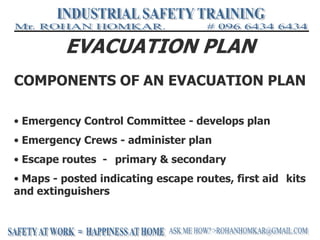 EVACUATION PLAN
COMPONENTS OF AN EVACUATION PLAN
• Emergency Control Committee - develops plan
• Emergency Crews - administer plan
• Escape routes - primary & secondary
• Maps - posted indicating escape routes, first aid kits
and extinguishers
 