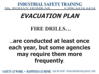 EVACUATION PLAN
…are conducted at least once
each year, but some agencies
may require them more
frequently.
FIRE DRILLS…
 