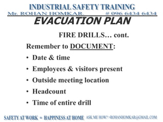 EVACUATION PLAN
FIRE DRILLS… cont.
Remember to DOCUMENT:
• Date & time
• Employees & visitors present
• Outside meeting location
• Headcount
• Time of entire drill
 