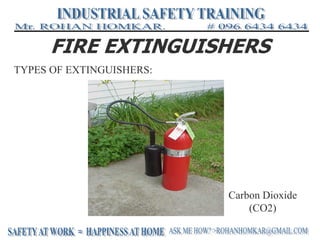 FIRE EXTINGUISHERS
TYPES OF EXTINGUISHERS:
Carbon Dioxide
(CO2)
 