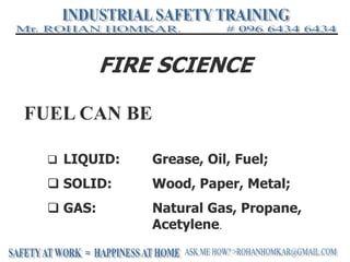 FIRE SCIENCE
FUEL CAN BE
 LIQUID: Grease, Oil, Fuel;
 SOLID: Wood, Paper, Metal;
 GAS: Natural Gas, Propane,
Acetylene.
 
