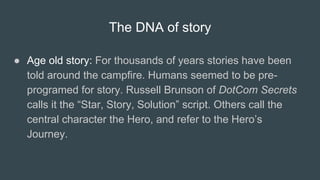 ● Hero’s Journey: central character sets off on a journey, in
which he overcomes obstacles and returns a changed
person.
T...