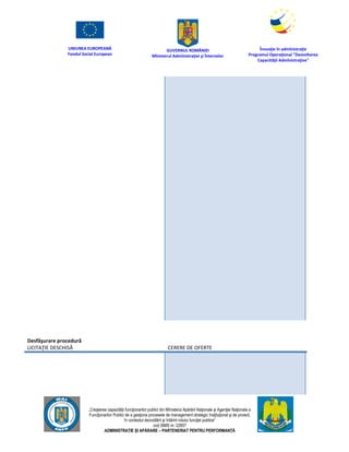 UNIUNEA EUROPEANĂ
Fondul Social European
GUVERNUL ROMÂNIEI
Mînisterul Admînistraţiei şi Înternelor
Înovaţie în admînistraţie
Programul Operaţional "Dezvoltarea
Capacităţii Admînistraţive"
„Creşterea capacităţii funcţionarilor publici din Mînisterul Apărării Naţionale şi Agenţiei Naţionale a
Funcţionarilor Publici de a gesţiona procesele de management strategic însţituţional şi de proiect,
în contextul dezvoltării şi întăririi rolului funcţiei publice”
cod SMIS nr. 22857
ADMINISTRAȚIE ȘI APĂRARE – PARTENERIAT PENTRU PERFORMANȚĂ
Desfăşurare procedură
LICITAŢIE DESCHISĂ CERERE DE OFERTE
 