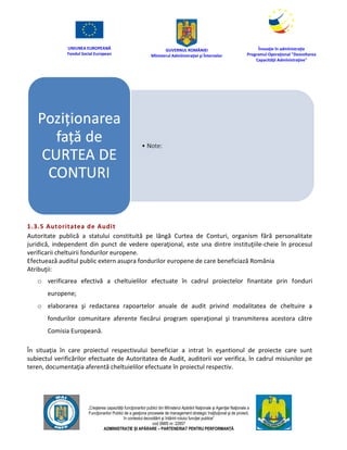 UNIUNEA EUROPEANĂ
Fondul Social European
GUVERNUL ROMÂNIEI
Mînisterul Admînistraţiei şi Înternelor
Înovaţie în admînistraţie
Programul Operaţional "Dezvoltarea
Capacităţii Admînistraţive"
„Creşterea capacităţii funcţionarilor publici din Mînisterul Apărării Naţionale şi Agenţiei Naţionale a
Funcţionarilor Publici de a gesţiona procesele de management strategic însţituţional şi de proiect,
în contextul dezvoltării şi întăririi rolului funcţiei publice”
cod SMIS nr. 22857
ADMINISTRAȚIE ȘI APĂRARE – PARTENERIAT PENTRU PERFORMANȚĂ
1.3.5 Autoritatea de Audit
Autoritate publică a statului constituită pe lângă Curtea de Conturi, organism fără personalitate
juridică, independent din punct de vedere operaţional, este una dintre instituţiile-cheie în procesul
verificarii cheltuirii fondurilor europene.
Efectuează auditul public extern asupra fondurilor europene de care beneficiază România
Atribuţii:
o verificarea efectivă a cheltuielilor efectuate în cadrul proiectelor finantate prin fonduri
europene;
o elaborarea şi redactarea rapoartelor anuale de audit privind modalitatea de cheltuire a
fondurilor comunitare aferente fiecărui program operaţional şi transmiterea acestora către
Comisia Europeană.
În situaţia în care proiectul respectivului beneficiar a intrat în eşantionul de proiecte care sunt
subiectul verificărilor efectuate de Autoritatea de Audit, auditorii vor verifica, în cadrul misiunilor pe
teren, documentaţia aferentă cheltuielilor efectuate în proiectul respectiv.
 