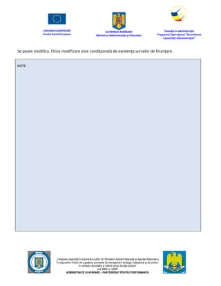 UNIUNEA EUROPEANĂ
Fondul Social European
GUVERNUL ROMÂNIEI
Mînisterul Admînistraţiei şi Înternelor
Înovaţie în admînistraţie
Programul Operaţional "Dezvoltarea
Capacităţii Admînistraţive"
„Creşterea capacităţii funcţionarilor publici din Mînisterul Apărării Naţionale şi Agenţiei Naţionale a
Funcţionarilor Publici de a gesţiona procesele de management strategic însţituţional şi de proiect,
în contextul dezvoltării şi întăririi rolului funcţiei publice”
cod SMIS nr. 22857
ADMINISTRAȚIE ȘI APĂRARE – PARTENERIAT PENTRU PERFORMANȚĂ
Se poate modifica. Orice modificare este condiţionată de existenţa surselor de finanţare.
NOTE:
 