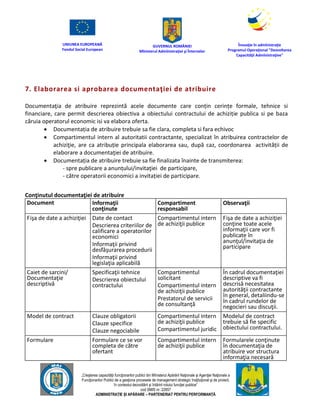 UNIUNEA EUROPEANĂ
Fondul Social European
GUVERNUL ROMÂNIEI
Mînisterul Admînistraţiei şi Înternelor
Înovaţie în admînistraţie
Programul Operaţional "Dezvoltarea
Capacităţii Admînistraţive"
„Creşterea capacităţii funcţionarilor publici din Mînisterul Apărării Naţionale şi Agenţiei Naţionale a
Funcţionarilor Publici de a gesţiona procesele de management strategic însţituţional şi de proiect,
în contextul dezvoltării şi întăririi rolului funcţiei publice”
cod SMIS nr. 22857
ADMINISTRAȚIE ȘI APĂRARE – PARTENERIAT PENTRU PERFORMANȚĂ
7. Elaborarea si aprobarea documentaţiei de atribuire
Documentaţia de atribuire reprezintă acele documente care conțin cerințe formale, tehnice si
financiare, care permit descrierea obiectiva a obiectului contractului de achiziție publica si pe baza
căruia operatorul economic isi va elabora oferta.
 Documentația de atribuire trebuie sa fie clara, completa si fara echivoc
 Compartimentul intern al autoritatii contractante, specializat în atribuirea contractelor de
achiziţie, are ca atribuție principala elaborarea sau, după caz, coordonarea activității de
elaborare a documentaţiei de atribuire.
 Documentația de atribuire trebuie sa fie finalizata înainte de transmiterea:
- spre publicare a anunțului/invitaţiei de participare,
- către operatorii economici a invitației de participare.
Conţinutul documentaţiei de atribuire
Document Informaţii
conţinute
Compartiment
responsabil
Observaţii
Fişa de date a achiziţiei Date de contact
Descrierea criteriilor de
calificare a operatorilor
economici
Informaţii privind
desfăşurarea procedurii
Informaţii privind
legislaţia aplicabilă
Compartimentul intern
de achiziţii publice
Fişa de date a achiziţiei
conţine toate acele
informaţii care vor fi
publicate în
anunţul/invitaţia de
participare
Caiet de sarcini/
Documentaţie
descriptivă
Specificaţii tehnice
Descrierea obiectului
contractului
Compartimentul
solicitant
Compartimentul intern
de achiziţii publice
Prestatorul de servicii
de consultanţă
În cadrul documentaţiei
descriptive va fi
descrisă necesitatea
autorităţii contractante
în general, detaliindu-se
în cadrul rundelor de
negocieri sau discuţii.
Model de contract Clauze obligatorii
Clauze specifice
Clauze negociabile
Compartimentul intern
de achiziţii publice
Compartimentul juridic
Modelul de contract
trebuie să fie specific
obiectului contractului.
Formulare Formulare ce se vor
completa de către
ofertant
Compartimentul intern
de achiziţii publice
Formularele conţinute
în documentaţia de
atribuire vor structura
informaţia necesară
 