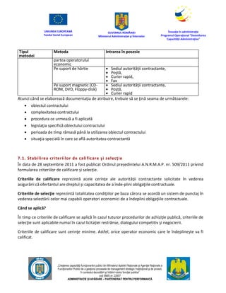 UNIUNEA EUROPEANĂ
Fondul Social European
GUVERNUL ROMÂNIEI
Mînisterul Admînistraţiei şi Înternelor
Înovaţie în admînistraţie
Programul Operaţional "Dezvoltarea
Capacităţii Admînistraţive"
„Creşterea capacităţii funcţionarilor publici din Mînisterul Apărării Naţionale şi Agenţiei Naţionale a
Funcţionarilor Publici de a gesţiona procesele de management strategic însţituţional şi de proiect,
în contextul dezvoltării şi întăririi rolului funcţiei publice”
cod SMIS nr. 22857
ADMINISTRAȚIE ȘI APĂRARE – PARTENERIAT PENTRU PERFORMANȚĂ
Tipul
metodei
Metoda Intrarea în posesie
partea operatorului
economic
Pe suport de hârtie  Sediul autorităţii contractante,
 Poştă,
 Curier rapid,
 Fax
Pe suport magnetic (CD-
ROM, DVD, Floppy-disk)
 Sediul autorităţii contractante,
 Poştă,
 Curier rapid
Atunci când se elaborează documentaţia de atribuire, trebuie să se ţină seama de următoarele:
 obiectul contractului
 complexitatea contractului
 procedura ce urmează a fi aplicată
 legislaţia specifică obiectului contractului
 perioada de timp rămasă până la utilizarea obiectul contractului
 situaţia specială în care se află autoritatea contractantă
7.1. Stabilirea criteriilor de calificare şi selecţie
În data de 28 septembrie 2011 a fost publicat Ordinul președintelui A.N.R.M.A.P. nr. 509/2011 privind
formularea criteriilor de calificare și selecție.
Criteriile de calificare reprezintă acele cerinţe ale autorităţii contractante solicitate în vederea
asigurării că ofertantul are dreptul și capacitatea de a înde-plini obligaţiile contractuale.
Criteriile de selecţie reprezintă totalitatea condiţiilor pe baza cărora se acordă un sistem de punctaj în
vederea selectării celor mai capabili operatori economici de a îndeplini obligaţiile contractuale.
Când se aplică?
În timp ce criteriile de calificare se aplică în cazul tuturor procedurilor de achiziţie publică, criteriile de
selecţie sunt aplicabile numai în cazul licitaţiei restrânse, dialogului competitiv şi negocierii.
Criteriile de calificare sunt cerinţe minime. Astfel, orice operator economic care le îndeplineşte va fi
calificat.
 