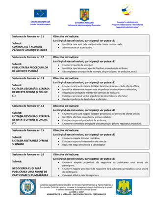 UNIUNEA EUROPEANĂ
Fondul Social European
GUVERNUL ROMÂNIEI
Mînisterul Admînistraţiei şi Înternelor
Înovaţie în admînistraţie
Programul Operaţional "Dezvoltarea
Capacităţii Admînistraţive"
„Creşterea capacităţii funcţionarilor publici din Mînisterul Apărării Naţionale şi Agenţiei Naţionale a
Funcţionarilor Publici de a gesţiona procesele de management strategic însţituţional şi de proiect,
în contextul dezvoltării şi întăririi rolului funcţiei publice”
cod SMIS nr. 22857
ADMINISTRAȚIE ȘI APĂRARE – PARTENERIAT PENTRU PERFORMANȚĂ
Sesiunea de formare nr. 11
Subiect:
CONTRACTUL / ACORDUL
CADRU DE ACHIZIȚIE PUBLICĂ
Obiective de învățare:
La sfârşitul acestei sesiuni, participanţii vor putea să:
 identifice care sunt cele mai potrivite clauze contractuale;
 administreze un acord cadru.
Sesiunea de formare nr. 12
Subiect:
PUBLICITATEA PROCEDURILOR
DE ACHIZIȚIE PUBLICĂ
Obiective de învățare:
La sfârşitul acestei sesiuni, participanţii vor putea să:
 Enumere tipurile de anunţuri;
 Identifice tipul de anunţ specific fiecărei proceduri de atribuire;
 Să completeze anunţurile de intenţie, de participare, de atribuire, erată.
Sesiunea de formare nr. 13
Subiect:
LICITAȚIA DESCHISĂ ȘI CEREREA
DE OFERTE OFFLINE ȘI ONLINE
(1)
Obiective de învățare:
La sfârşitul acestei sesiuni, participanţii vor putea să:
 Enumere care sunt etapele licitației deschise și ale cererii de oferte offline;
 Identifice elementele importante ale ședinței de deschidere a ofertelor;
 Recunoaște atribuțiile membrilor comisiei de evaluare;
 Elaboreze procesul verbal al ședinței de deschidere a ofertelor;
 Deruleze ședința de deschidere a ofertelor.
Sesiunea de formare nr. 14
Subiect:
LICITAȚIA DESCHISĂ ȘI CEREREA
DE OFERTE OFFLINE ȘI ONLINE
(2)
Obiective de învățare:
La sfârşitul acestei sesiuni, participanţii vor putea să:
 Enumere care sunt etapele licitației deschise și ale cererii de oferte online;
 Identifice ofertele neconforme și inacceptabile;
 Elaboreze raportul procedurii de atribuire;
 Enumere elementele principale ale comunicării privind rezultatul procedurii.
Sesiunea de formare nr. 15
Subiect:
LICITAȚIA RESTRANSĂ OFFLINE
ȘI ONLINE
Obiective de învățare:
La sfârşitul acestei sesiuni, participanţii vor putea să:
 Enumere etapele licitației restrânse;
 Elaboreze raportul intermediar de selecție
 Realizeze etapa de selecție a candidaților
Sesiunea de formare nr. 16
Subiect:
NEGOCIEREA CU ȘI FĂRĂ
PUBLICAREA UNUI ANUNȚ DE
PARTICIPARE ȘI CUMPĂRAREA
Obiective de învățare:
La sfârşitul acestei sesiuni, participanţii vor putea să:
 Enumere etapele procedurii de negociere cu publicarea unui anunț de
participare;
 Enumere etapele procedurii de negociere fără publicarea prealabilă a unui anunț
de participare;
 Cunoască stilul și rolul în negociere
 
