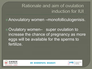 Anovulatory women –monofolliculogenisis.
Ovulatory women– super ovulation to
increase the chance of pregnancy as more
eggs will be available for the sperms to
fertilize.
 