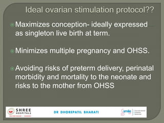 Maximizes conception- ideally expressed
as singleton live birth at term.
Minimizes multiple pregnancy and OHSS.
Avoiding risks of preterm delivery, perinatal
morbidity and mortality to the neonate and
risks to the mother from OHSS
 