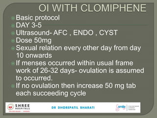 Basic protocol
DAY 3-5
Ultrasound- AFC , ENDO , CYST
Dose 50mg
Sexual relation every other day from day
10 onwards
If menses occurred within usual frame
work of 26-32 days- ovulation is assumed
to occurred.
If no ovulation then increase 50 mg tab
each succeeding cycle
 