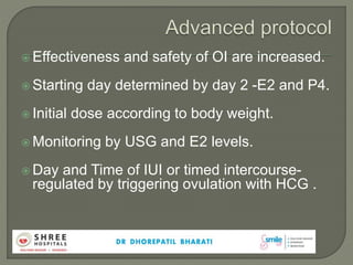  Effectiveness and safety of OI are increased.
 Starting day determined by day 2 -E2 and P4.
 Initial dose according to body weight.
 Monitoring by USG and E2 levels.
 Day and Time of IUI or timed intercourse-
regulated by triggering ovulation with HCG .
 