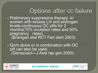  Preliminary suppressive therapy -in
women with excess LH and androgen
levels-continuous OC pills for 2
months(70% ovulation rates and 50%
pregnancy rates)
(Branigan etal RCT Fert stert 2003)
 Gnrh alone or in combination with OC
pill can also be used.
(Genazzani—J Asst rep gen 2000)
 