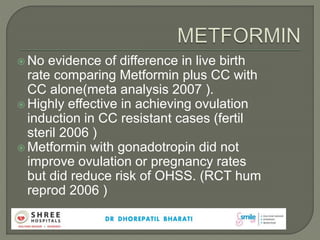  No evidence of difference in live birth
rate comparing Metformin plus CC with
CC alone(meta analysis 2007 ).
 Highly effective in achieving ovulation
induction in CC resistant cases (fertil
steril 2006 )
 Metformin with gonadotropin did not
improve ovulation or pregnancy rates
but did reduce risk of OHSS. (RCT hum
reprod 2006 )
 