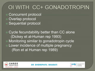  Concurrent protocol
 Overlap protocol
 Sequential protocol
 Cycle fecundability better than CC alone
(Dickey et al-Human rep 1993)
 Monitoring similar to gonadotropin cycle
 Lower incidence of multiple pregnancy
(Ron et al Human rep 1989)
 