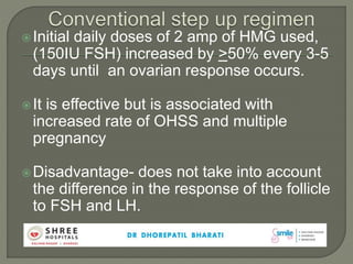 Initial daily doses of 2 amp of HMG used,
(150IU FSH) increased by >50% every 3-5
days until an ovarian response occurs.
It is effective but is associated with
increased rate of OHSS and multiple
pregnancy
Disadvantage- does not take into account
the difference in the response of the follicle
to FSH and LH.
 