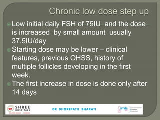 Low initial daily FSH of 75IU and the dose
is increased by small amount usually
37.5IU/day
Starting dose may be lower – clinical
features, previous OHSS, history of
multiple follicles developing in the first
week.
The first increase in dose is done only after
14 days
 