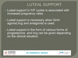  Luteal support in IVF cycles is associated with
increased pregnancy rates
 Luteal support is necessary when Gnrh
agonist,hcg and antagonist is used.
 Luteal support in the form of various forms of
progesterone and hcg can be given depending
on the clinical situation.
 