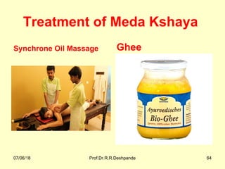Treatment of Meda Kshaya
Synchrone Oil Massage Ghee
07/06/18 Prof.Dr.R.R.Deshpande 64
 